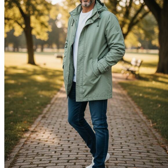 London Fog Removable Hood Windbreaker Trench Jacket Zip Up XL Sage Green - Picture 1 of 12